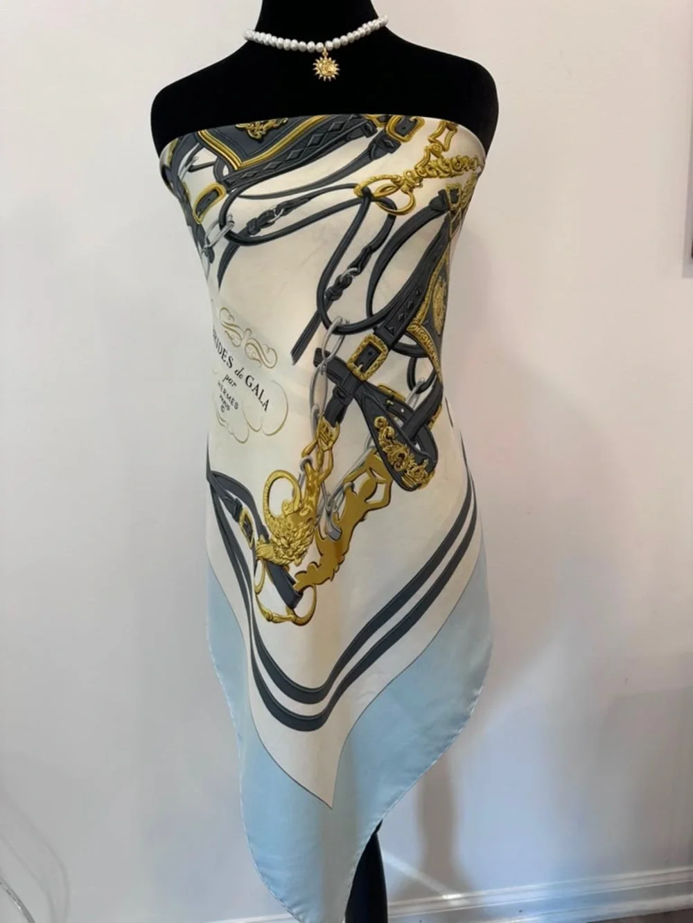 Hermes Silk Scarf Carré 90 Blue White Hand Rolled Made in France